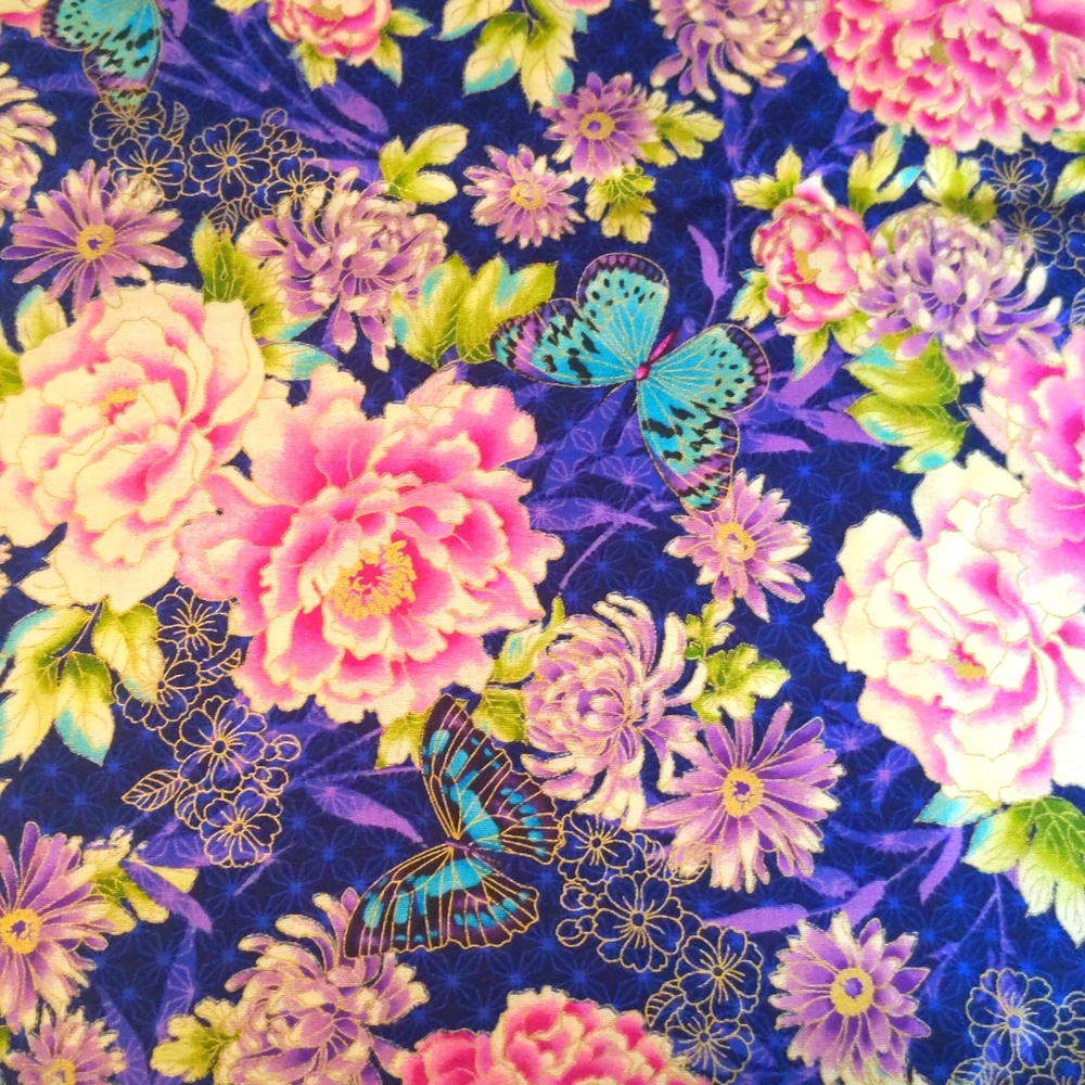 3 yard piece stunning blue purple and pink floral and butterfly cotton fabric